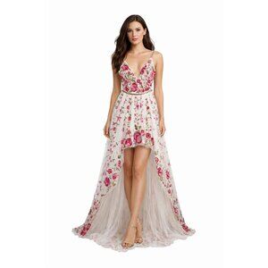 Primavera Couture 3639 Ivory Heavy Beaded Rhinestone Rose Hi-Low Ball Gown Size